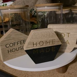 4pc set, 9” wood riser & 3pc wood signs, kitchen decor, NEW